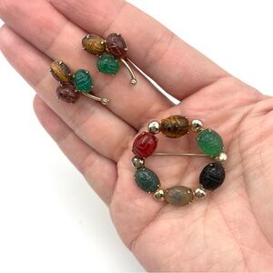 Vintage AMCO Colorful Stone Scarab Beetle Brooch & Earrings 14kt Gold-Filled Set